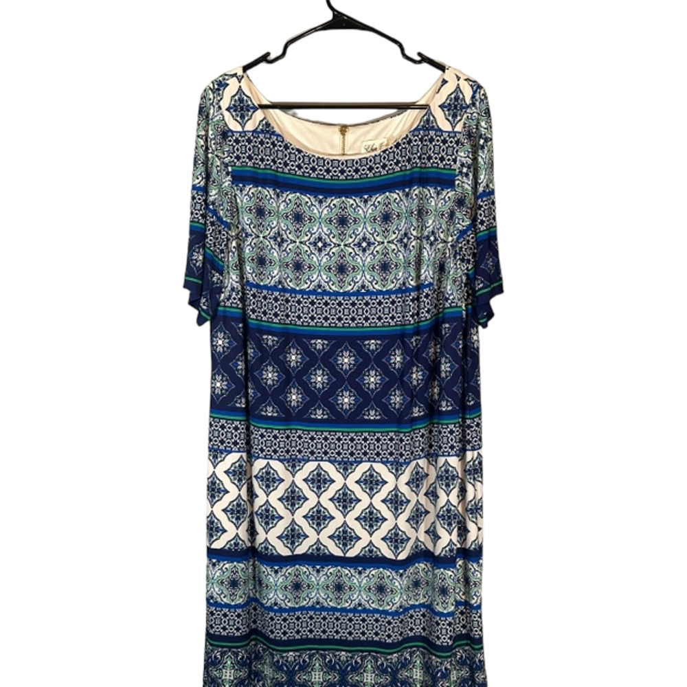 Eliza J Blue & White Geometric Print Short Sleeve Sheath Dress Women Sz 20W